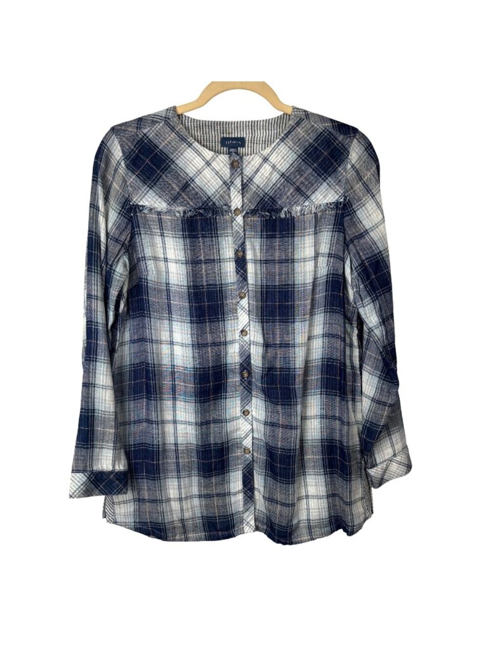 ✨3/$30 J. Jill Denim S P Blue White Plaid Button-Up Long Sleeve Cotton Top Blous